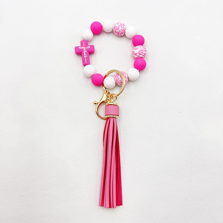 Wholesale Leopard Cross Silicone Beaded Tassel Wrist Keychain